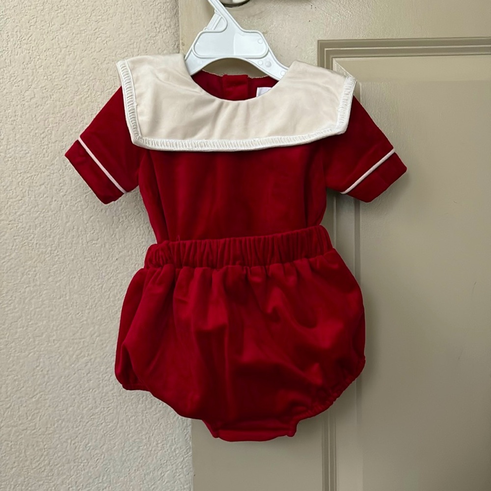 Red Velvet Sailor top and bloomer set for baby girl.